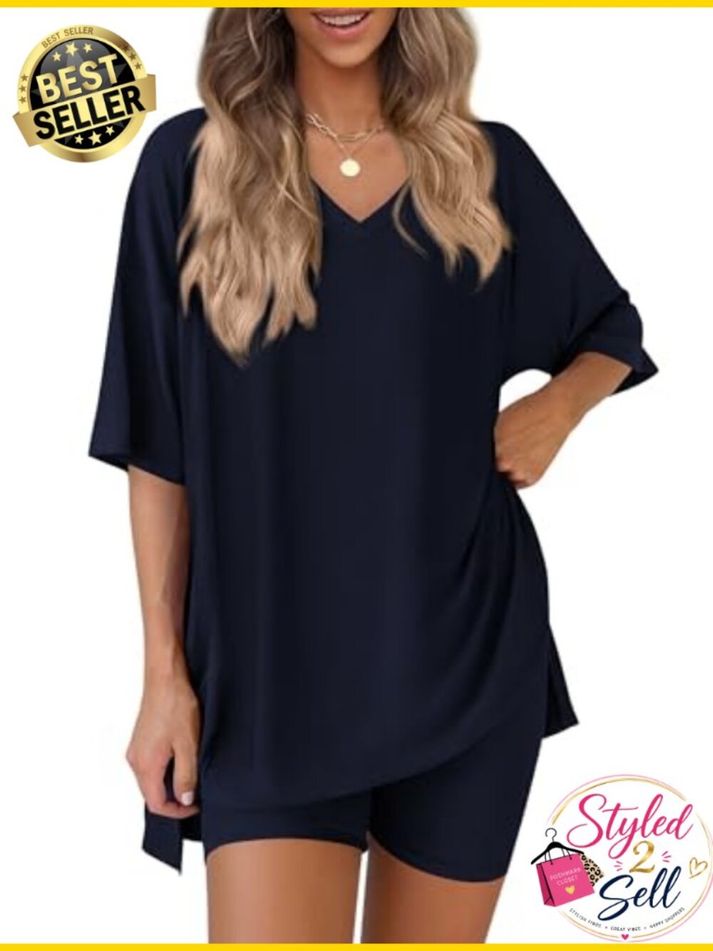 Women's 2 Piece Oversized V-Neck Top & Biker Short Lounge Set